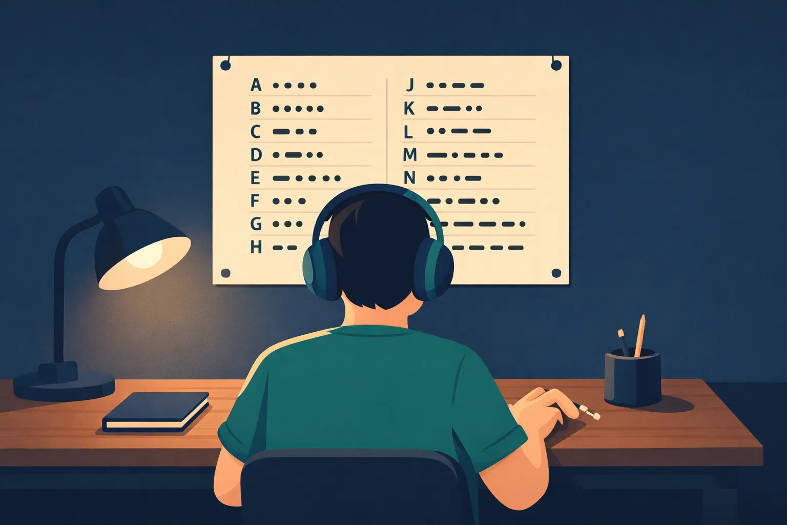 Person learning the Morse code alphabet by listening to audio on headphones